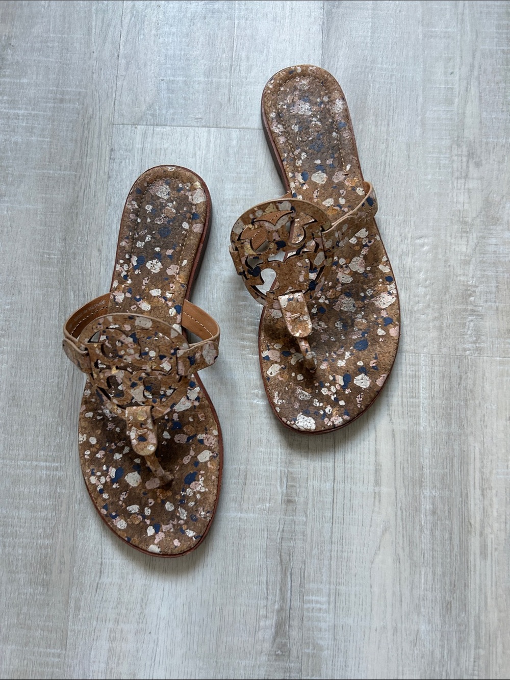 Tory Burch Brown Multicolor Speckled Leather Thong Sandals Sz 9M